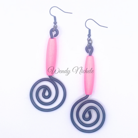 Desiree Earrings (Black w/ pink long wood bead)