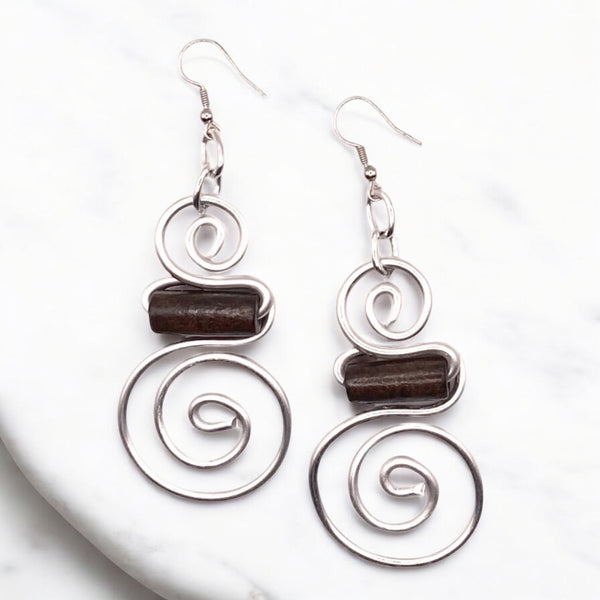 Hermion Earrings (Silver w/brown wood bead)