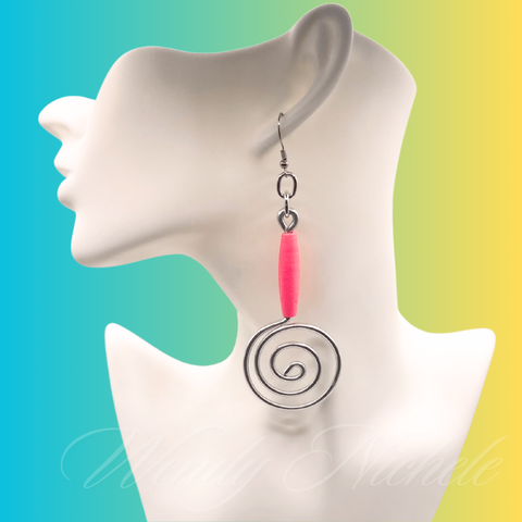 Desiree Earrings (Silver w/pink long wood bead)