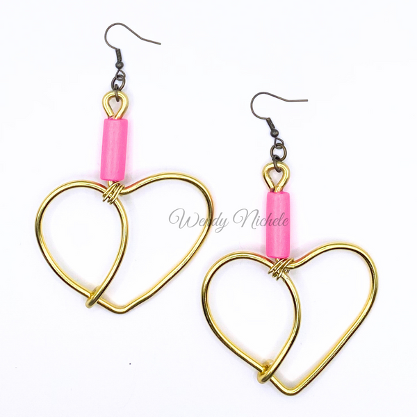 Love Earrings (Gold w/pink bead)