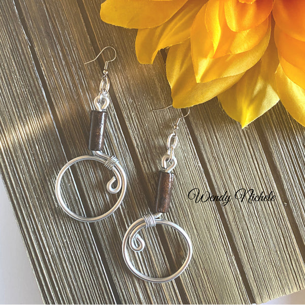 Oprah Earrings (Silver w brown wood bead)
