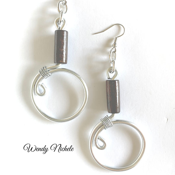 Oprah Earrings (Silver w brown wood bead)