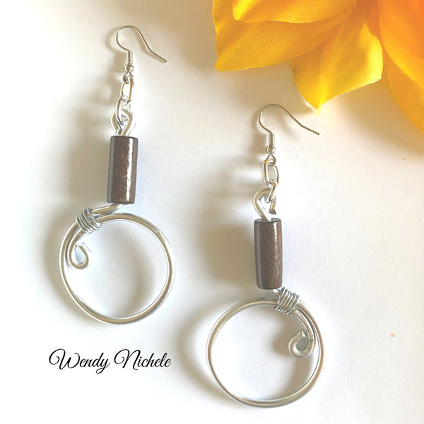 Oprah Earrings (Silver w brown wood bead)