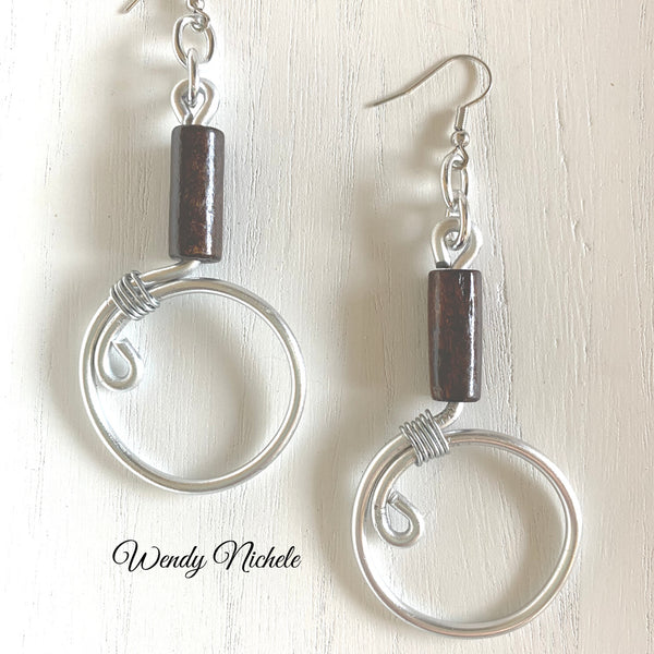 Oprah Earrings (Silver w brown wood bead)